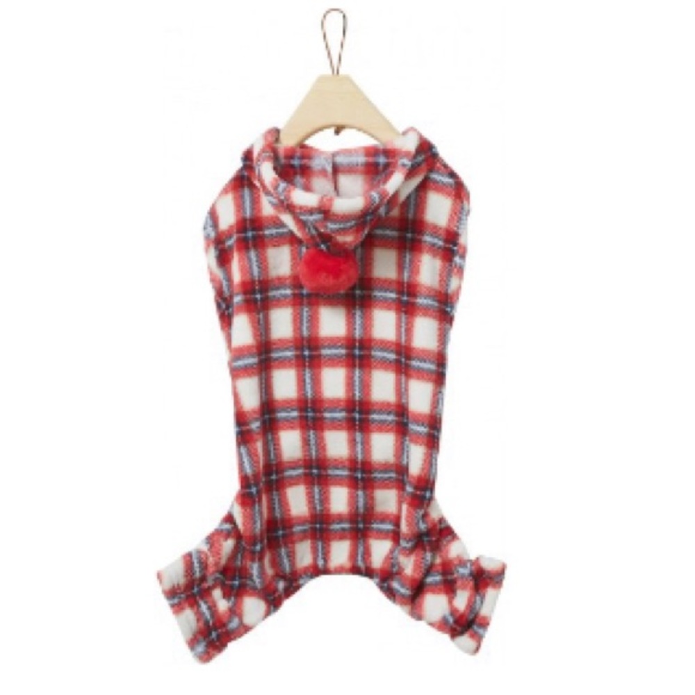 WAGATUDE Flannel Red Plaid Hooded Pom Dog Pajama - Picture 2 of 6